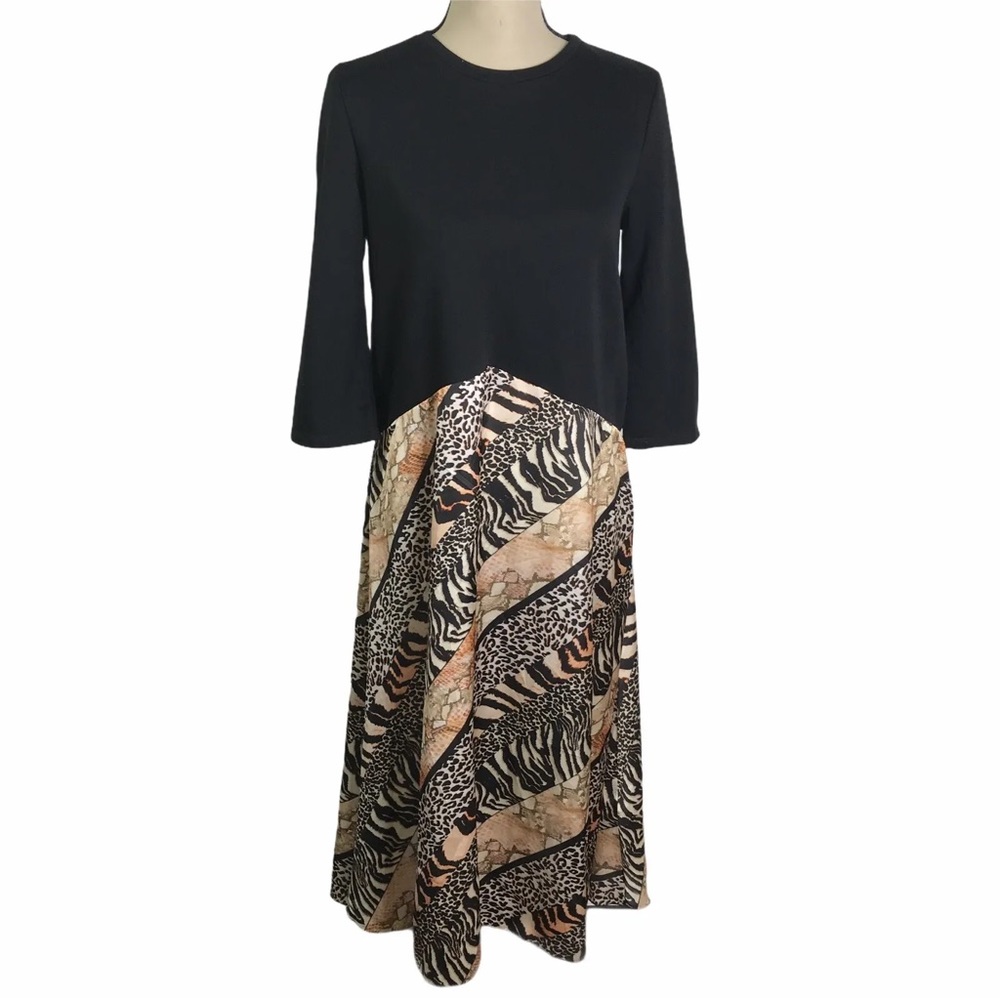Zara Black & Animal Print Satin Midi Dress